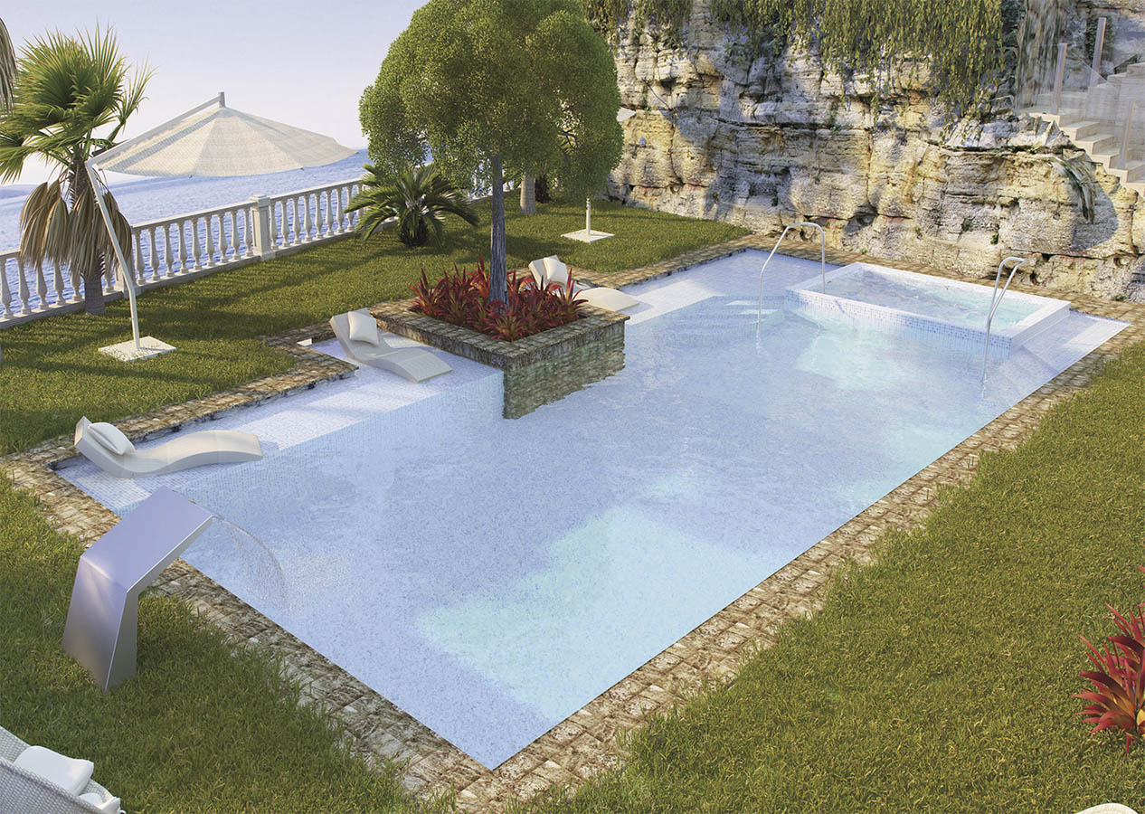 Villa Cala D'Ór El Campello 3D representation of luxury garden and swimming pool, luxury house, new building,  marble swimming pool